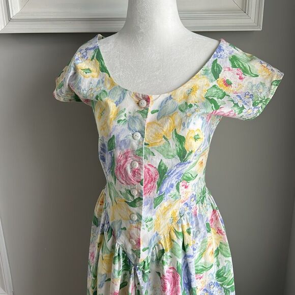 Vintage Bedford Fair 80s Cottagecore Floral Print Button Midi Women's Dress - Picture 4 of 12